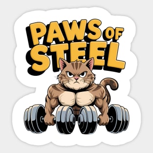Paws of Steel - Funny Gym Cat Lifting Weights Workout Tee Sticker